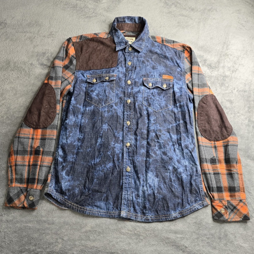 Winchester Mens Button Up Shirt Sz L Elbow Pad Denim Plaid Acid Wash Western